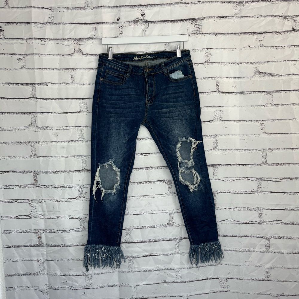 Machine Nouvelle Mode Blue Capri Jeans High Rise Raw Frayed Knee 30 Ripped Dark
